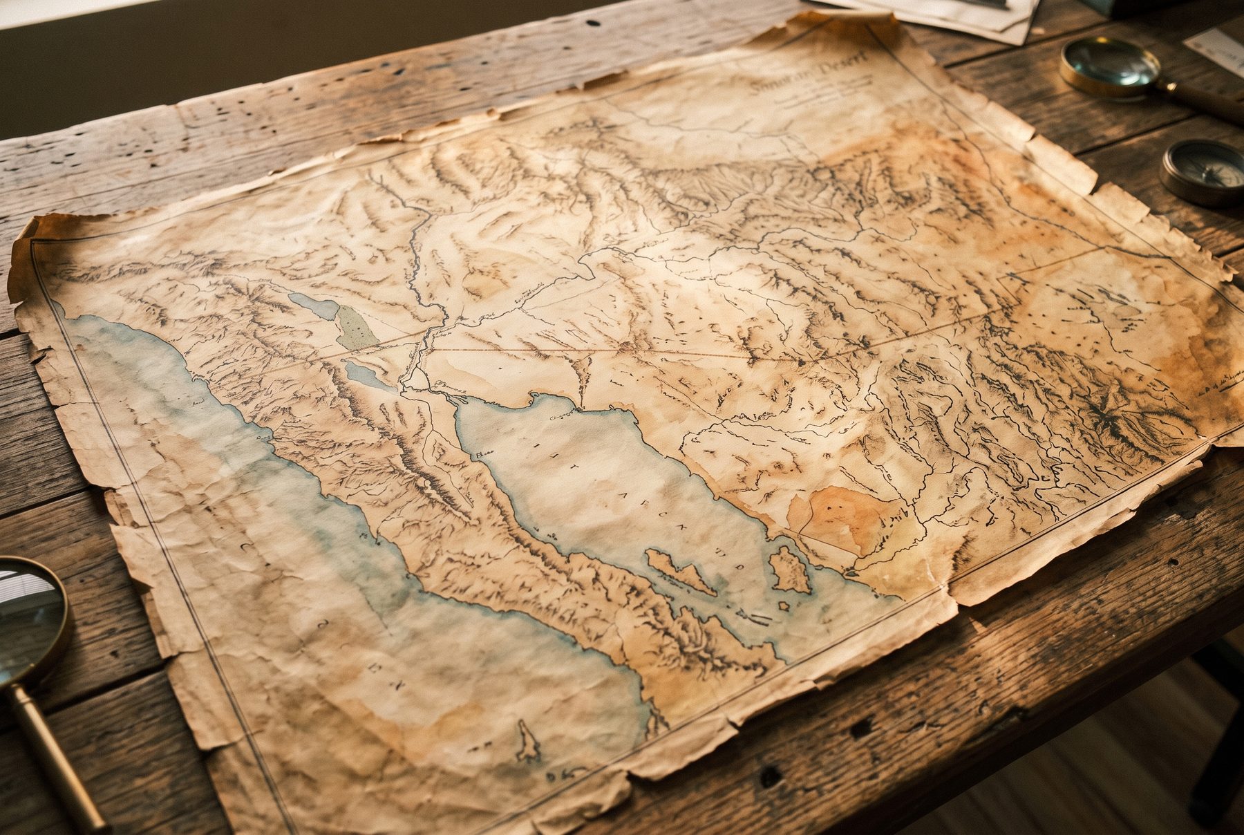 Mapa antiguo dibujado a mano de ríos y cuencas del desierto de Sonora, sobre una mesa de madera.